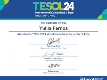Доцент кафедри української та іноземних мов Юлія Фернос взяла участь у TESOL Virtual Convention 2024