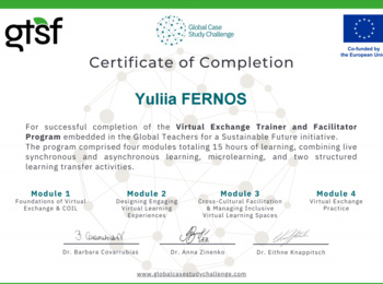Участь Юлії Фернос у міжнародній програмі віртуального обміну  Virtual Exchange Trainer &amp; Facilitator Program